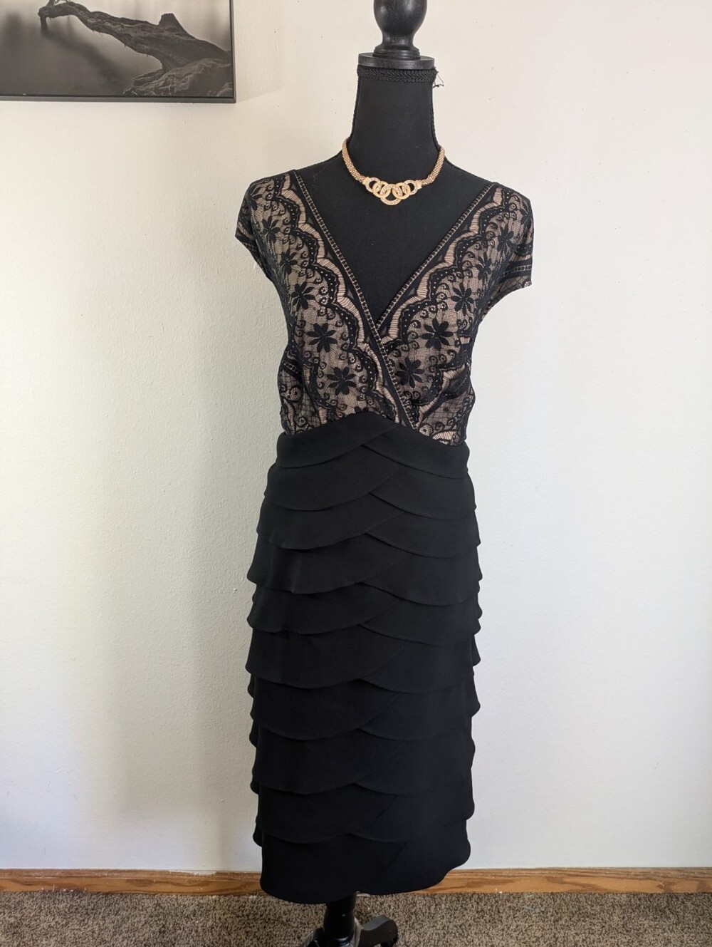 Jessica Howard Black Lace Bodice Tiered Cocktail Dress - Size 22W